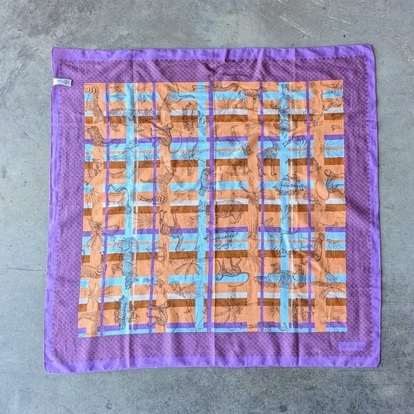 Vintage Diane von Furstenberg Purple Orange Safari Zoo Animal Print Square Scarf - Picture 2 of 10